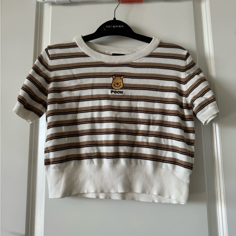 Disney Brown and White Striped Tee Short Sleeve with Winnie the Pooh logo